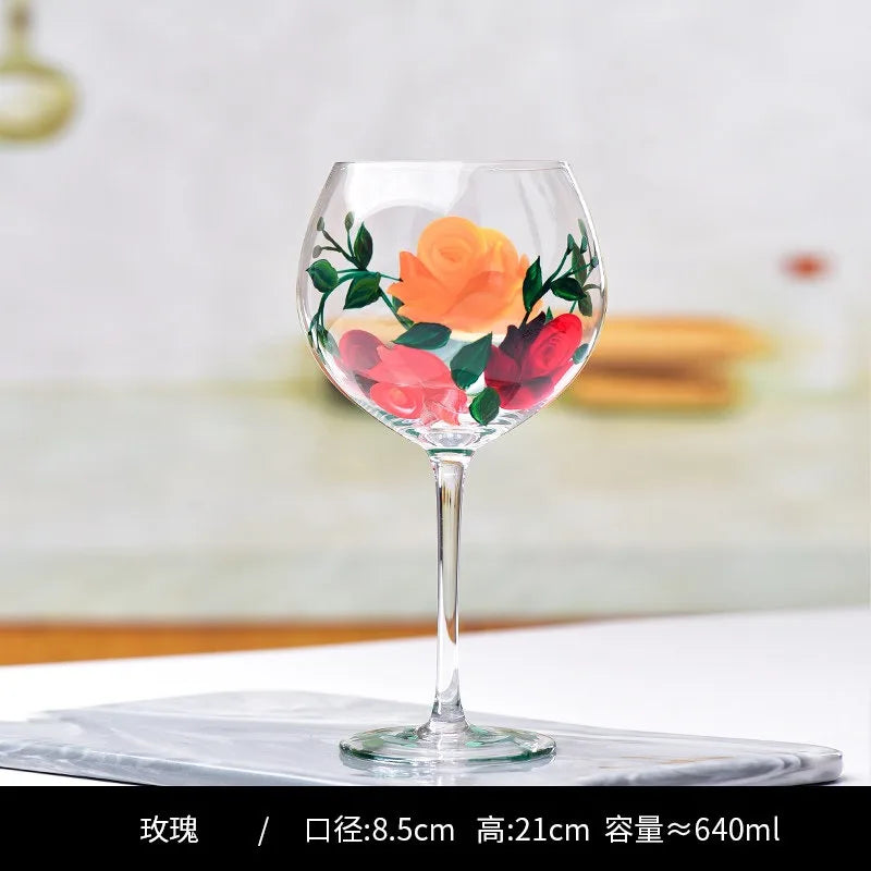 Hand Drawn Flower Patterned Crystal Glass Cup Festival Party Art High Feet