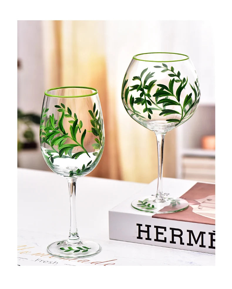 Hand Drawn Flower Patterned Crystal Glass Cup Festival Party Art High Feet