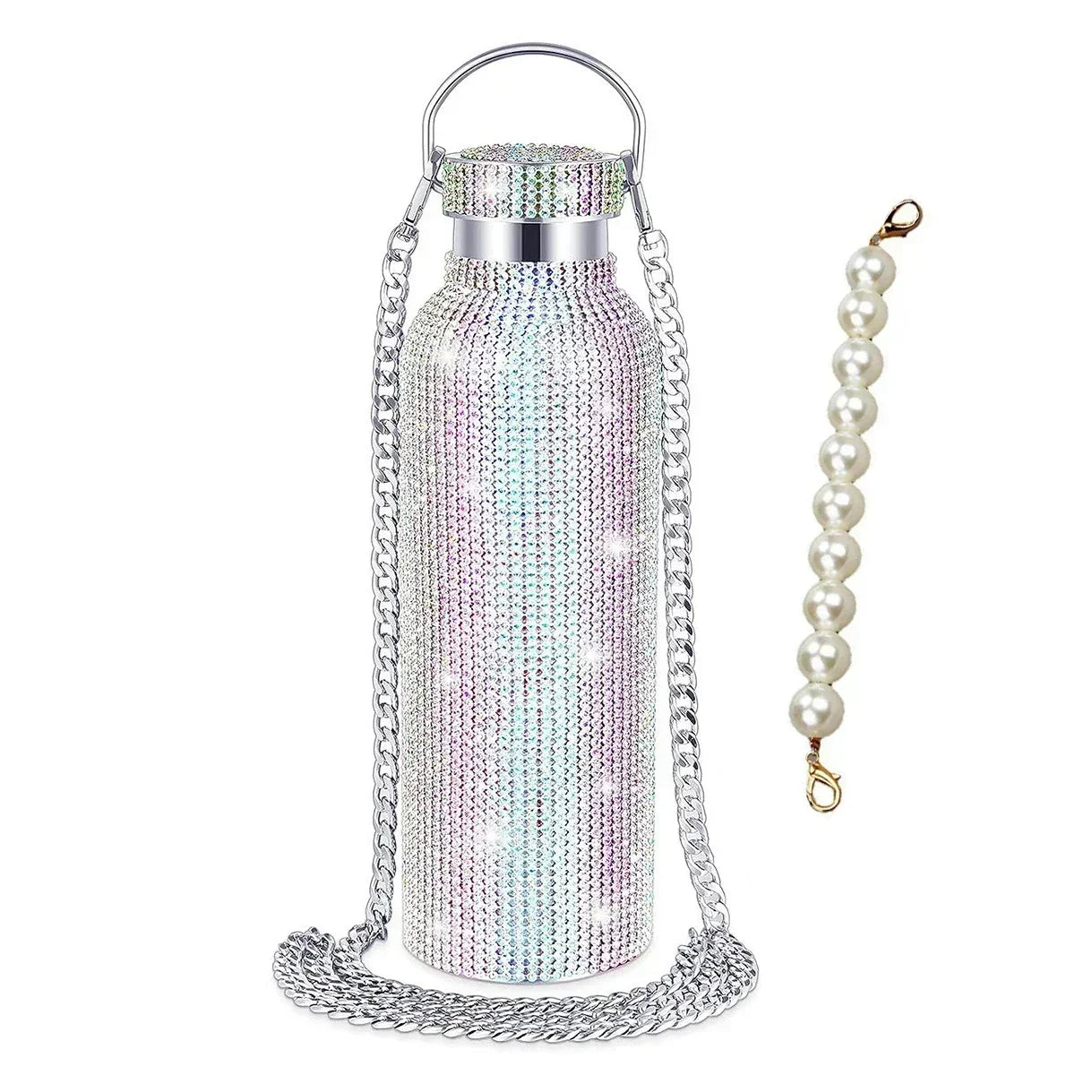 Luxury Rhinestone Thermos Bottle 2pcs Chain Portable Water Bottle Double Wall