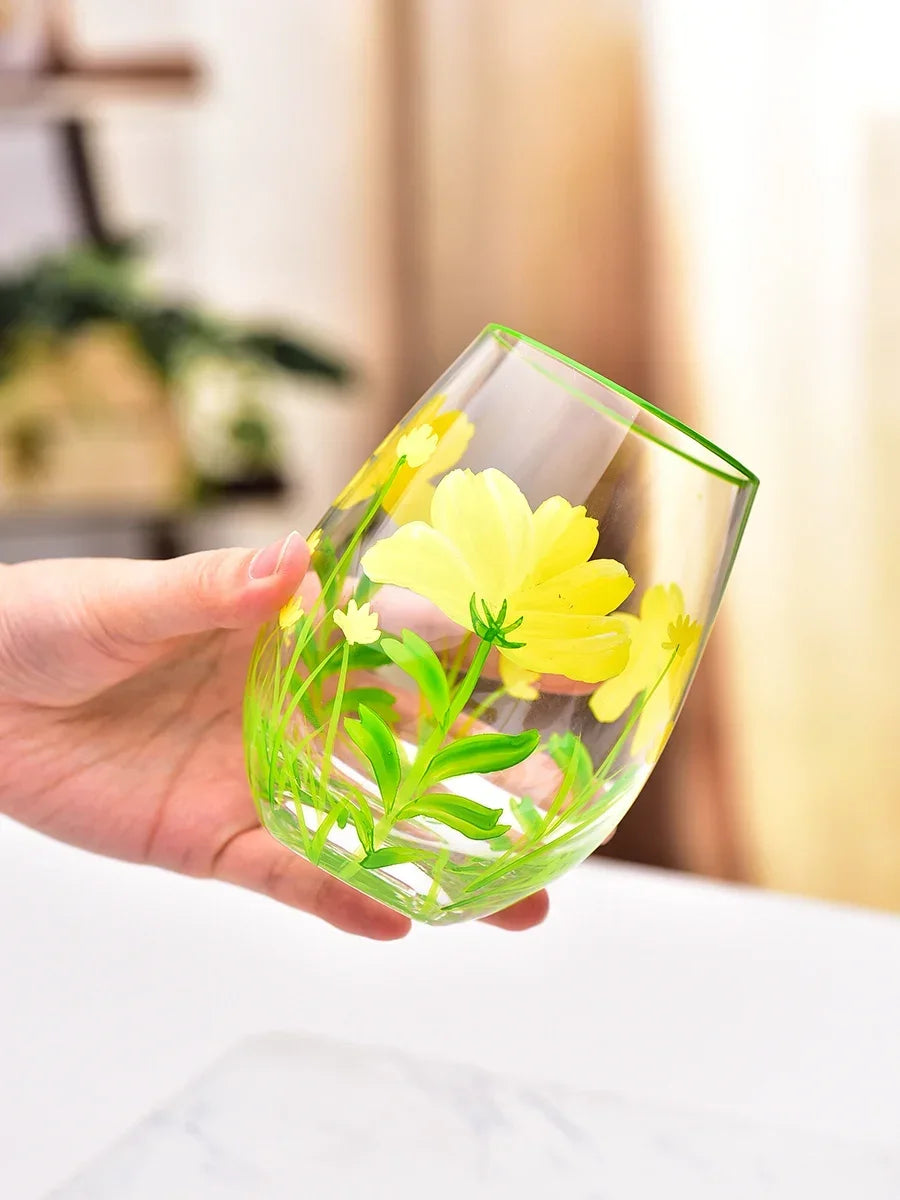 Hand Drawn Flower Patterned Crystal Glass Cup Festival Party Art High Feet