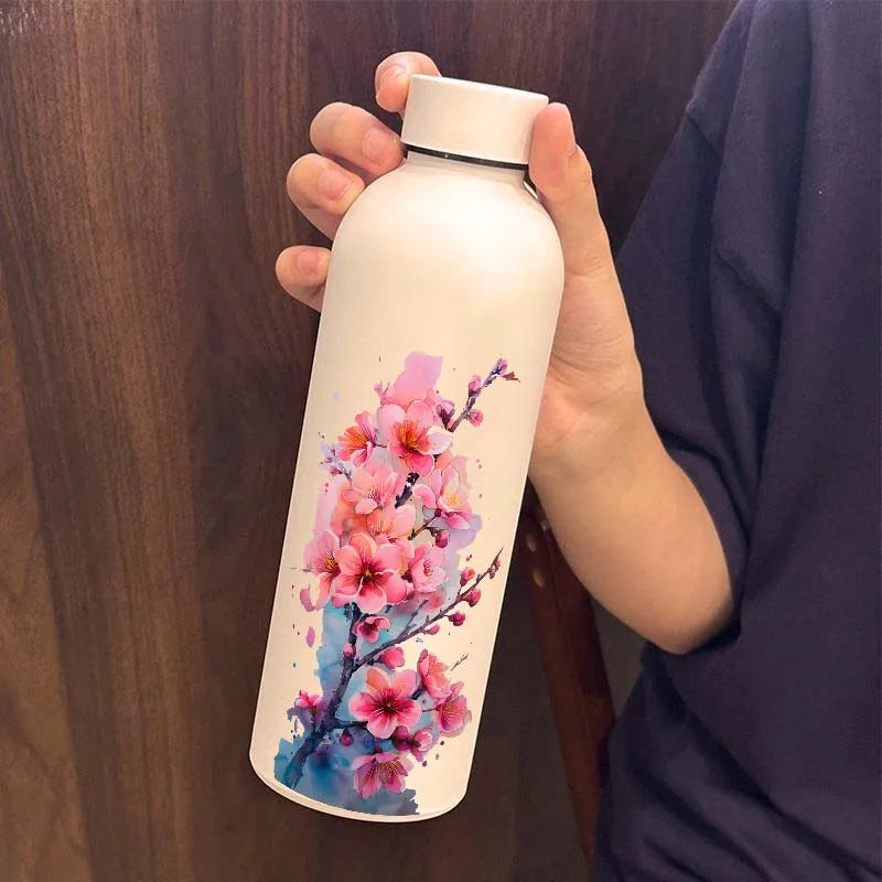 Art Design Cherry Blossom Stainless Steel Water Bottle Reusable Vacuum Flask Cup