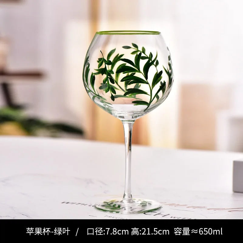 Hand Drawn Flower Patterned Crystal Glass Cup Festival Party Art High Feet