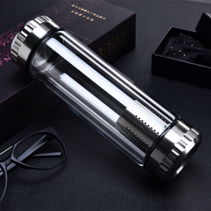 Glass Water Bottle Stainless Steel Tea Infuser Filter Double Wall Lid Thick Cup
