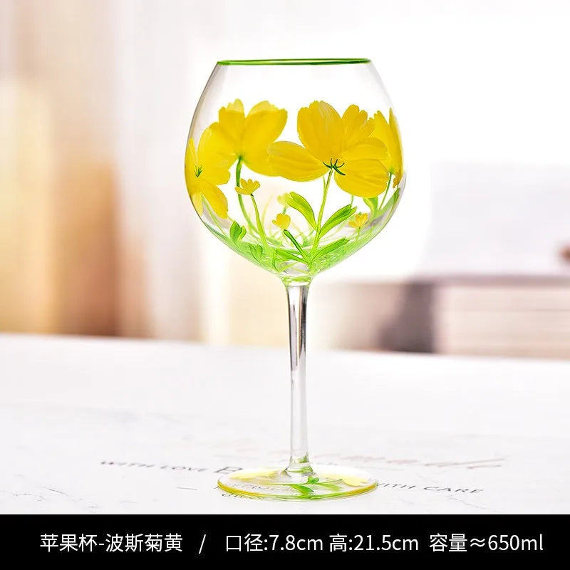Hand Drawn Flower Patterned Crystal Glass Cup Festival Party Art High Feet