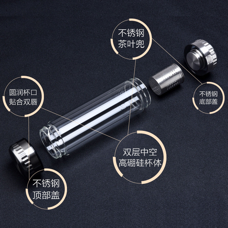 Glass Water Bottle Stainless Steel Tea Infuser Filter Double Wall Lid Thick Cup