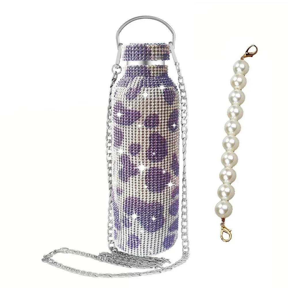 Luxury Rhinestone Thermos Bottle 2pcs Chain Portable Water Bottle Double Wall