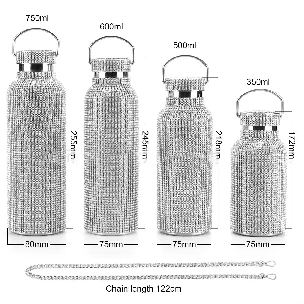 Luxury Rhinestone Thermos Bottle 2pcs Chain Portable Water Bottle Double Wall