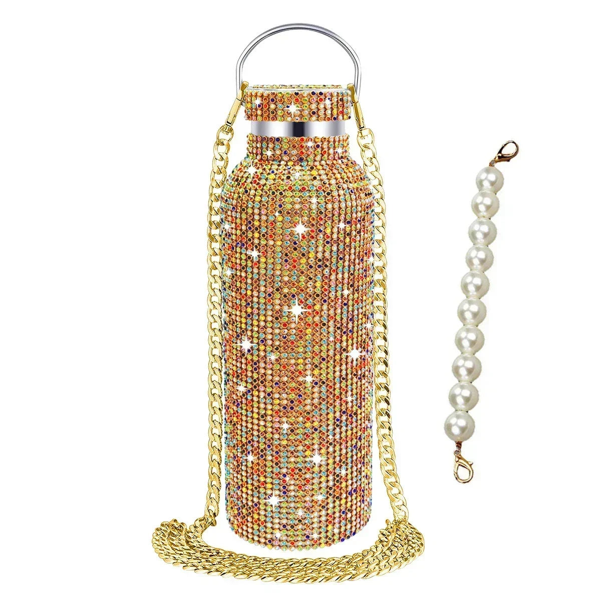 Luxury Rhinestone Thermos Bottle 2pcs Chain Portable Water Bottle Double Wall