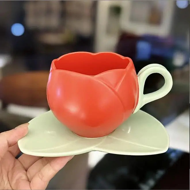 Tulip Cups and Saucers, Flower-shaped Ceramic Coffee Cups Lovely Drink Cups