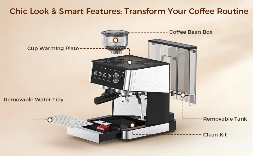 Bar Espresso Coffee Machine with Built-in Anti-Clogging Grinder Expresso Coffee