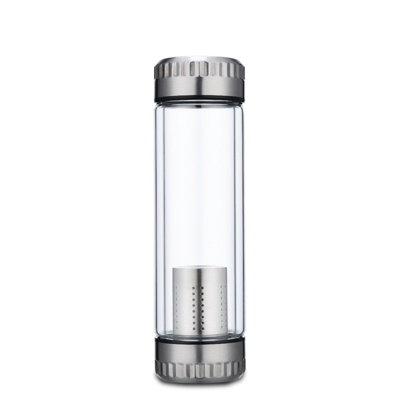 Glass Water Bottle Stainless Steel Tea Infuser Filter Double Wall Lid Thick Cup