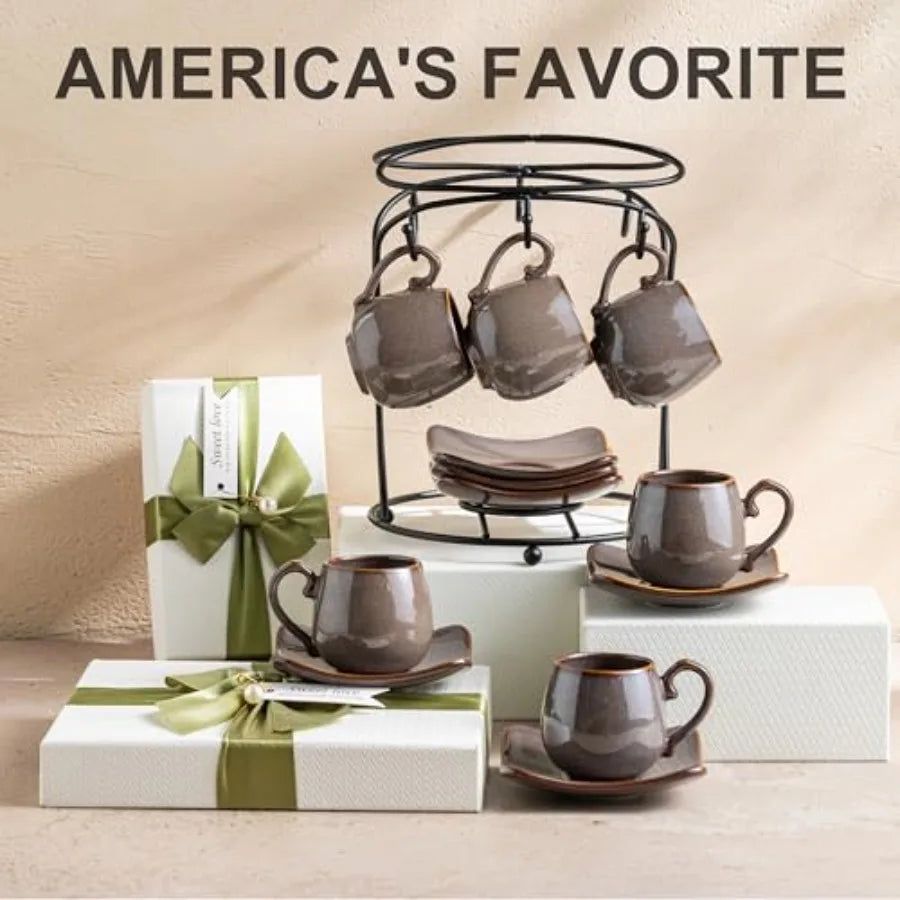 3oz Coffee Espresso Cups with Saucers Set of 6 Ceramic Small Coffee Cups