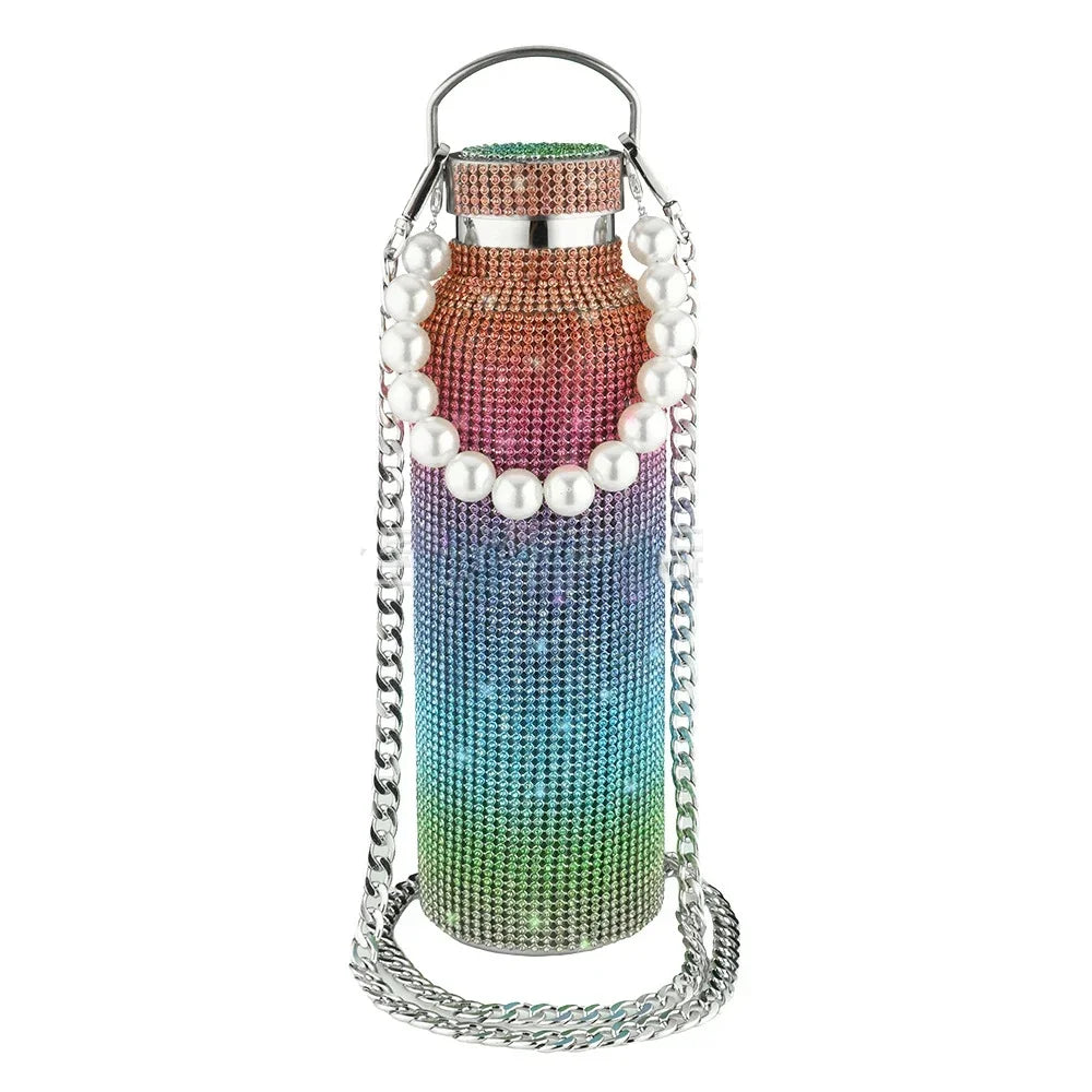 Luxury Rhinestone Thermos Bottle 2pcs Chain Portable Water Bottle Double Wall