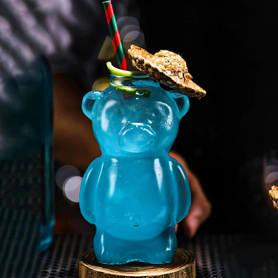 Cartoon Bear Shaped Glass Cup With Straw 300ml Transparent Juice Cocktail