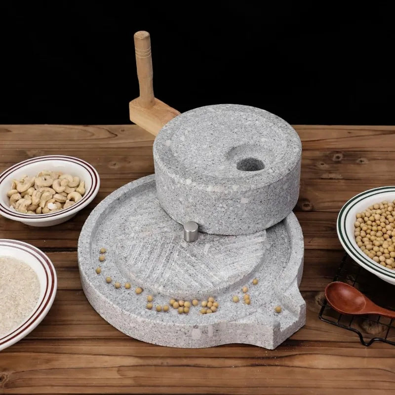 Artisanal Natural Stone Grain Mill with Solid Wood Base Manual Grinder