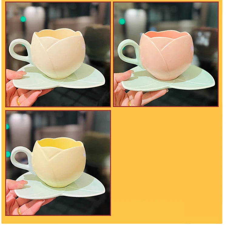 Tulip Cups and Saucers, Flower-shaped Ceramic Coffee Cups Lovely Drink Cups