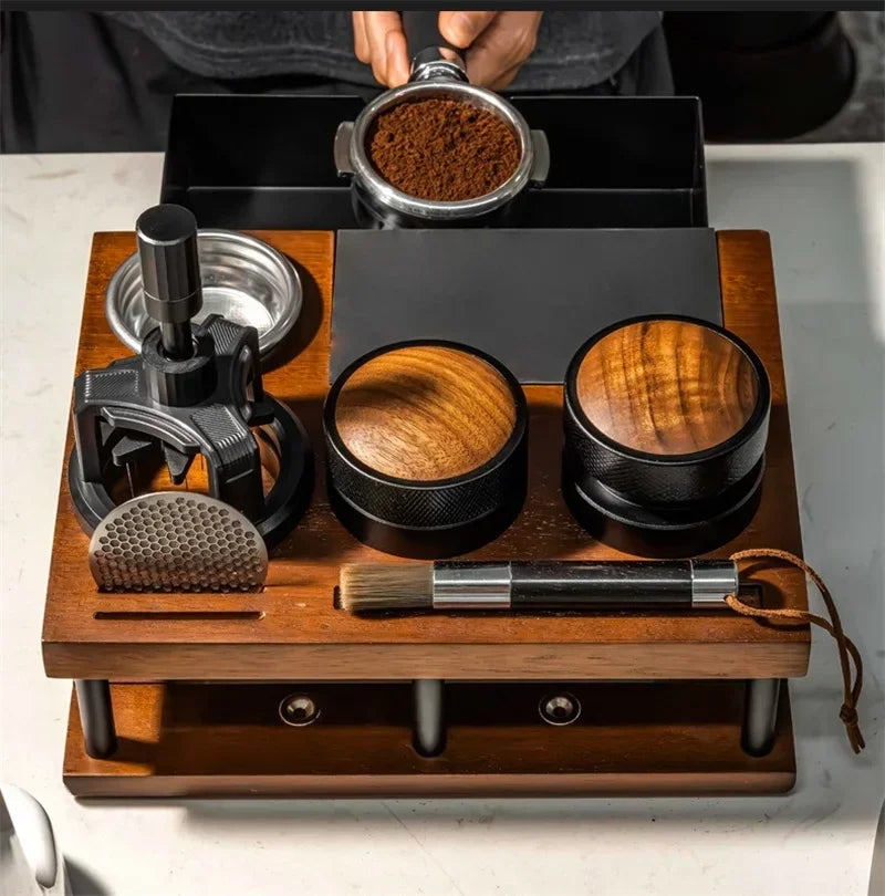 Wooden Coffee Tamper Station Stand with Knock Box Coffee Organizer Box