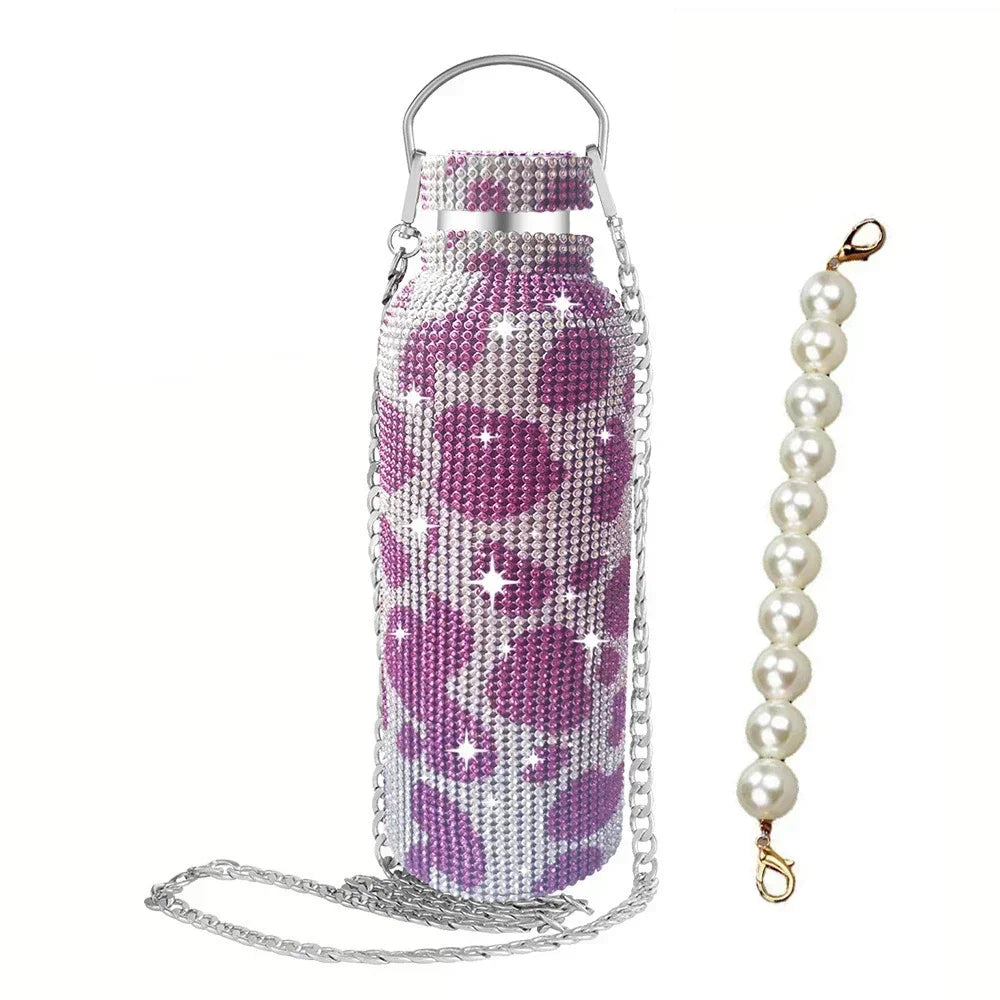 Luxury Rhinestone Thermos Bottle 2pcs Chain Portable Water Bottle Double Wall