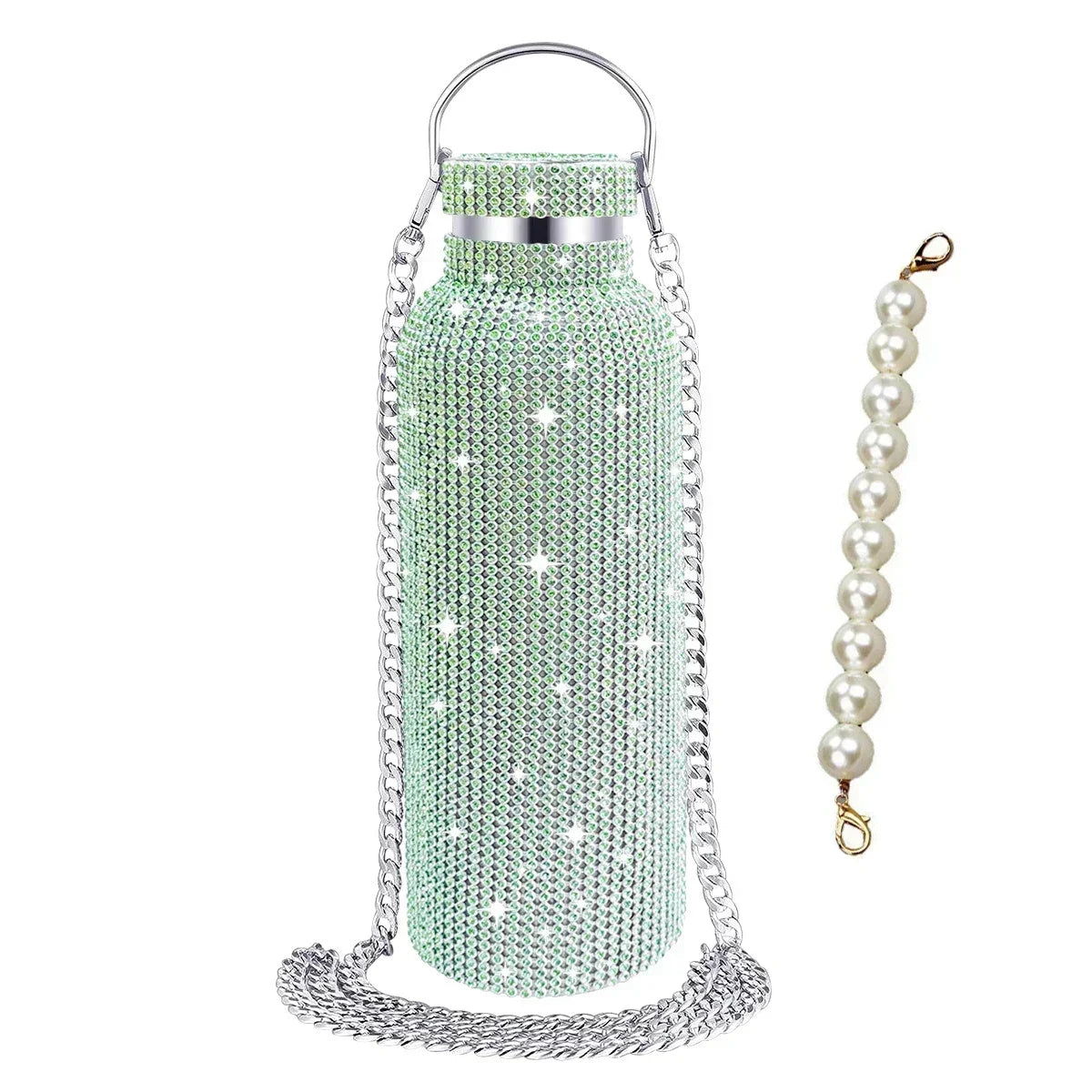 Luxury Rhinestone Thermos Bottle 2pcs Chain Portable Water Bottle Double Wall