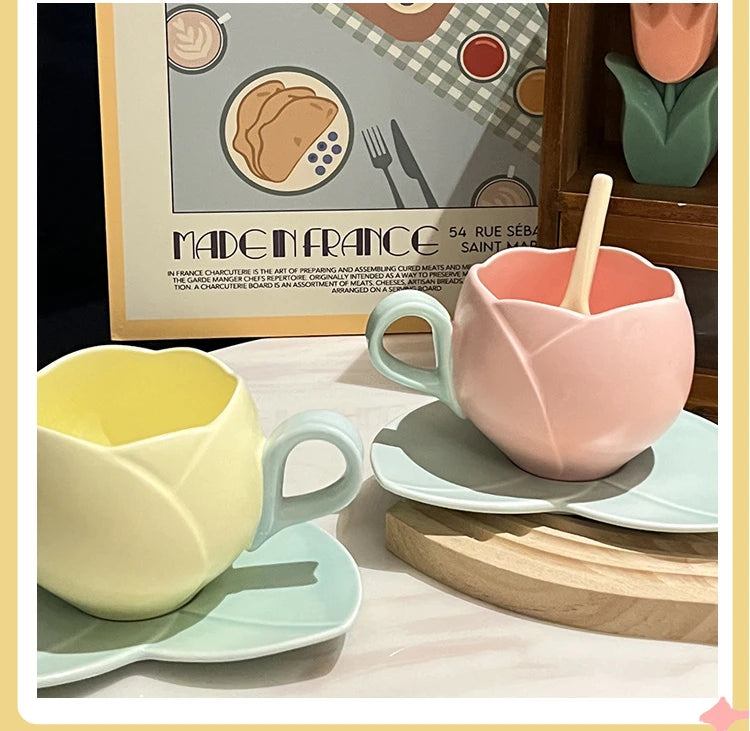 Tulip Cups and Saucers, Flower-shaped Ceramic Coffee Cups Lovely Drink Cups