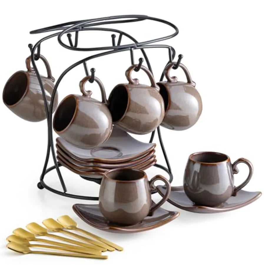 3oz Coffee Espresso Cups with Saucers Set of 6 Ceramic Small Coffee Cups