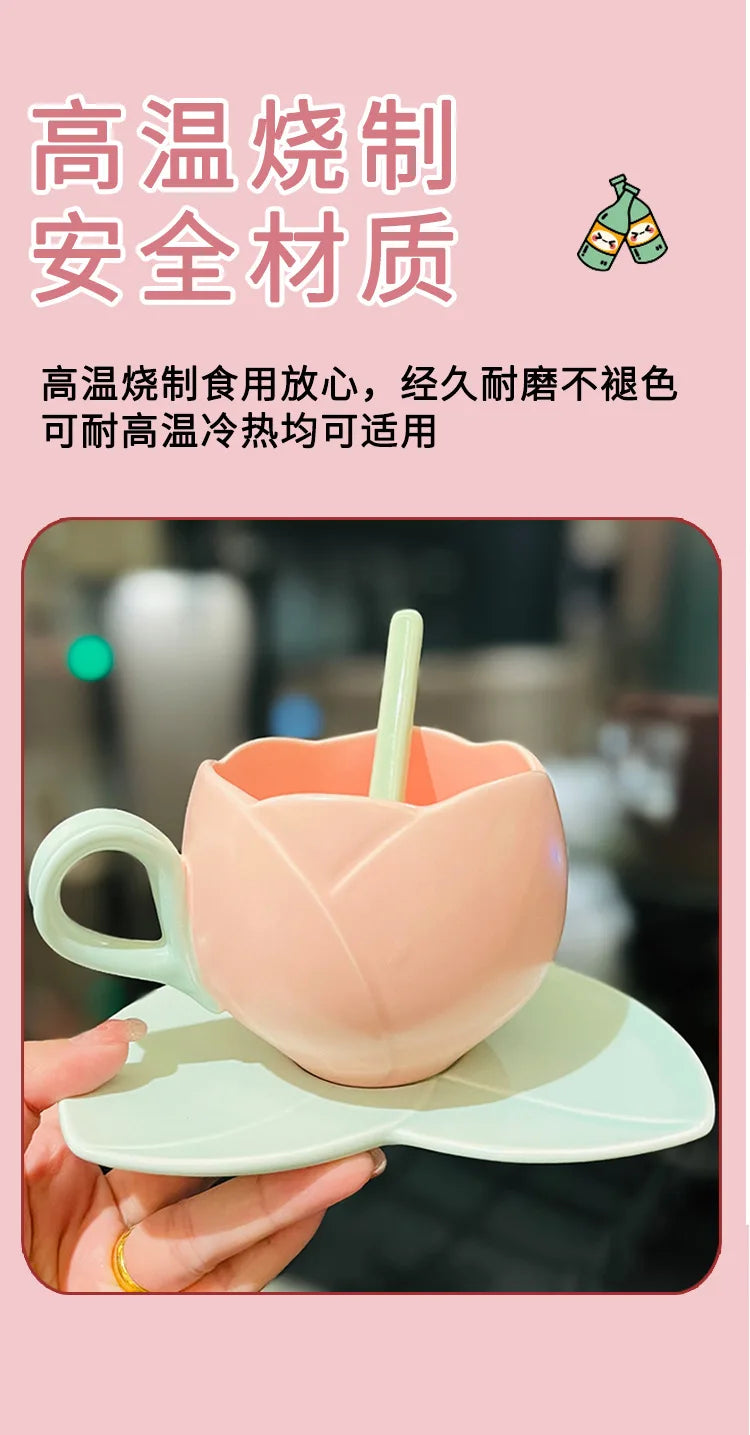 Tulip Cups and Saucers, Flower-shaped Ceramic Coffee Cups Lovely Drink Cups