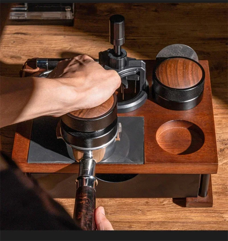 Wooden Coffee Tamper Station Stand with Knock Box Coffee Organizer Box