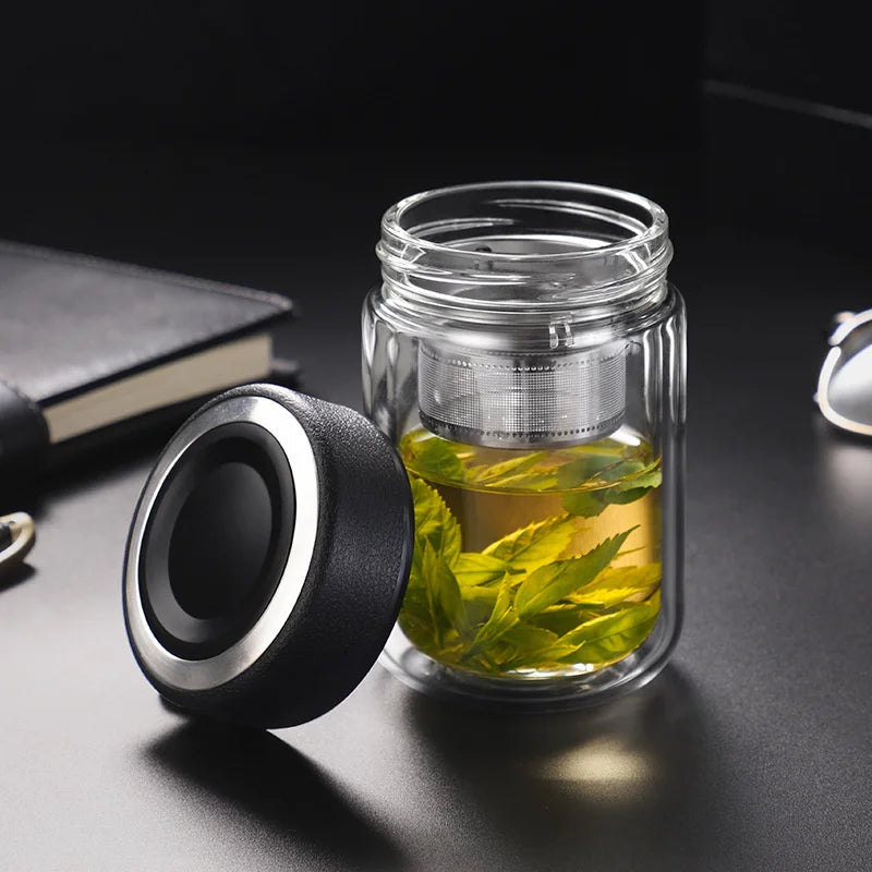 Portable 310ml Glass Water Bottle with Tea Infuser Double Wall Thermal Tea