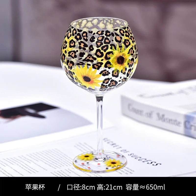 Hand Drawn Flower Patterned Crystal Glass Cup Festival Party Art High Feet