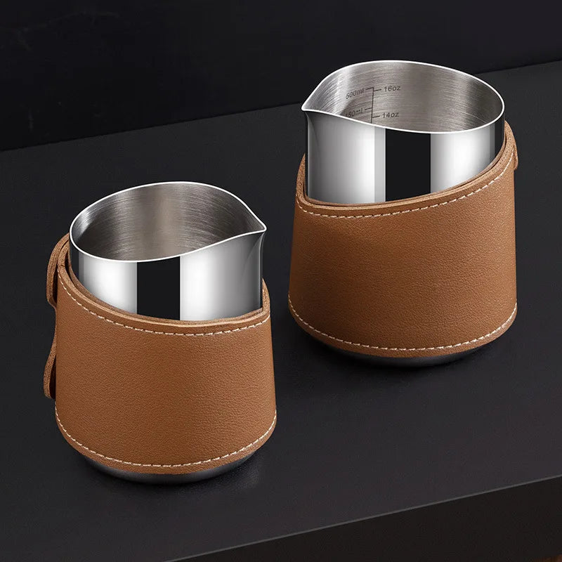 500ml Handleless Leather Covered Latte Jar Espresso Milk Frothing Jug with Sharp