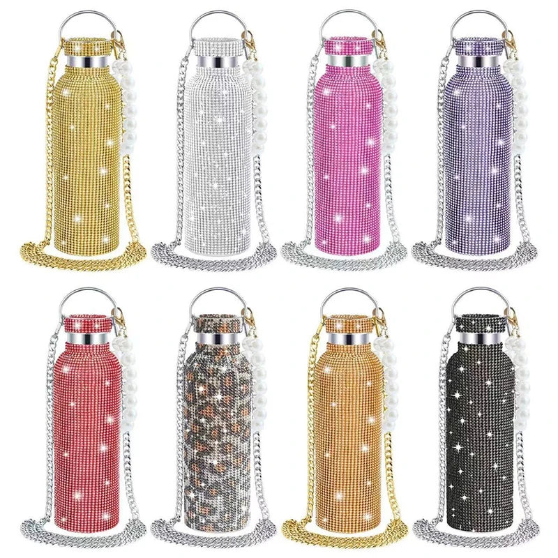 Luxury Rhinestone Thermos Bottle 2pcs Chain Portable Water Bottle Double Wall