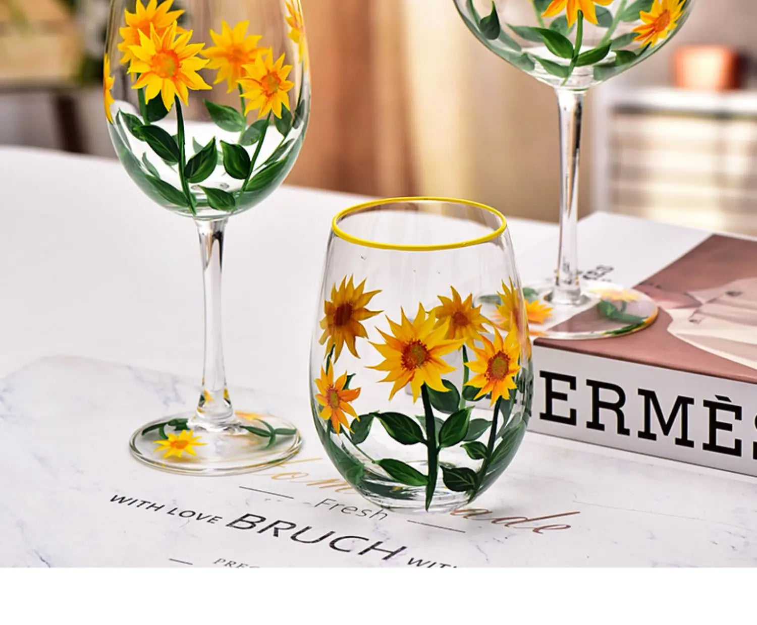 Hand Drawn Flower Patterned Crystal Glass Cup Festival Party Art High Feet