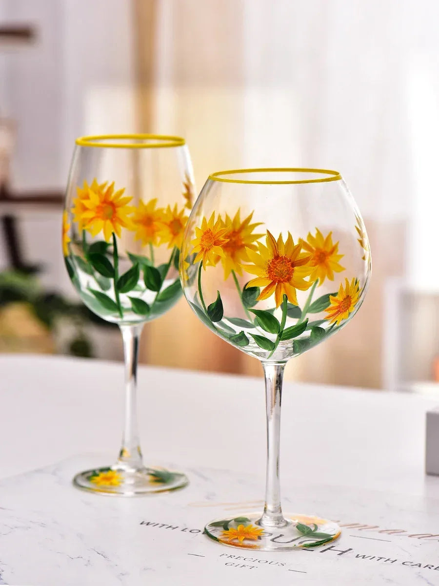 Hand Drawn Flower Patterned Crystal Glass Cup Festival Party Art High Feet
