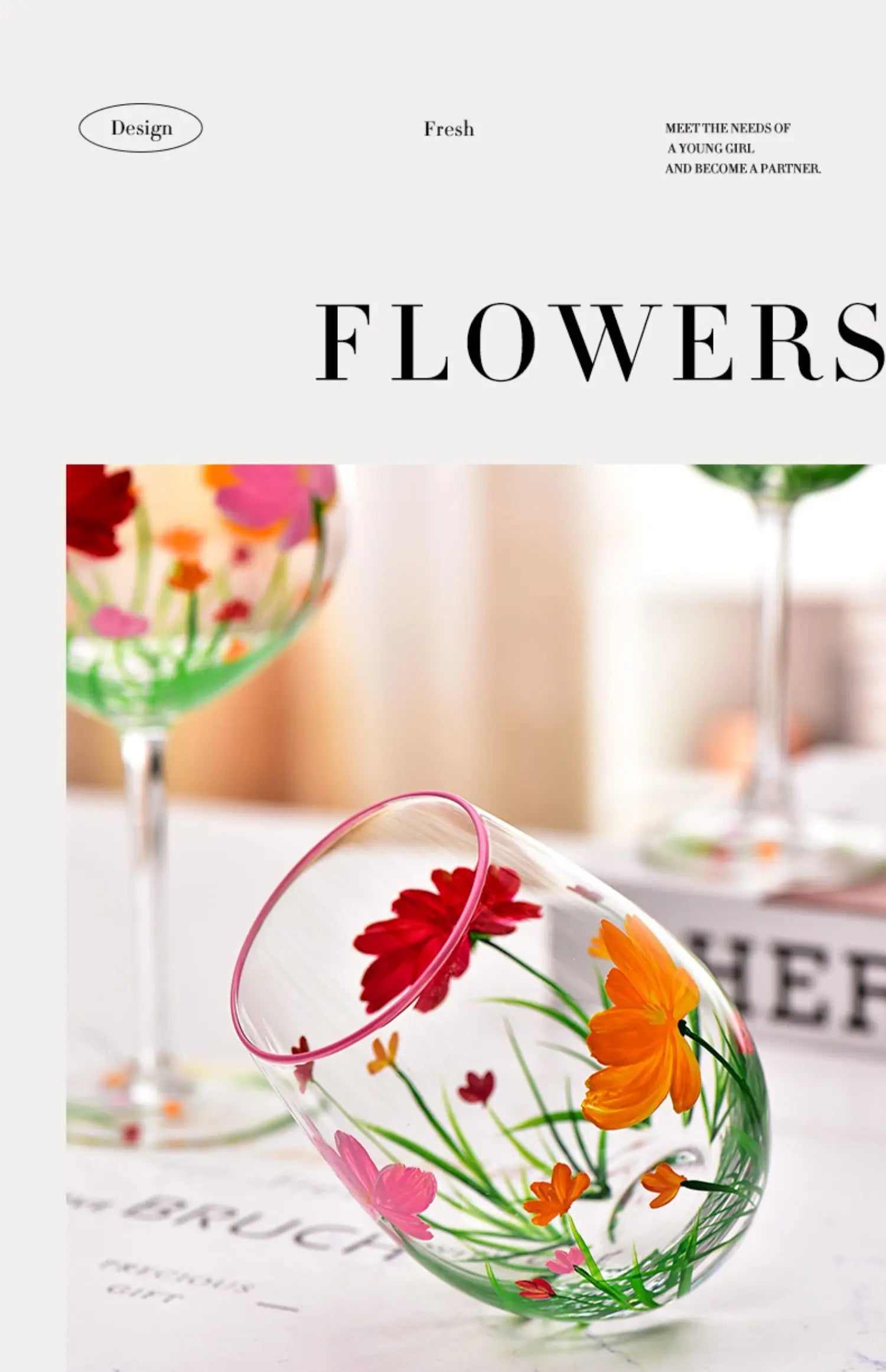 Hand Drawn Flower Patterned Crystal Glass Cup Festival Party Art High Feet