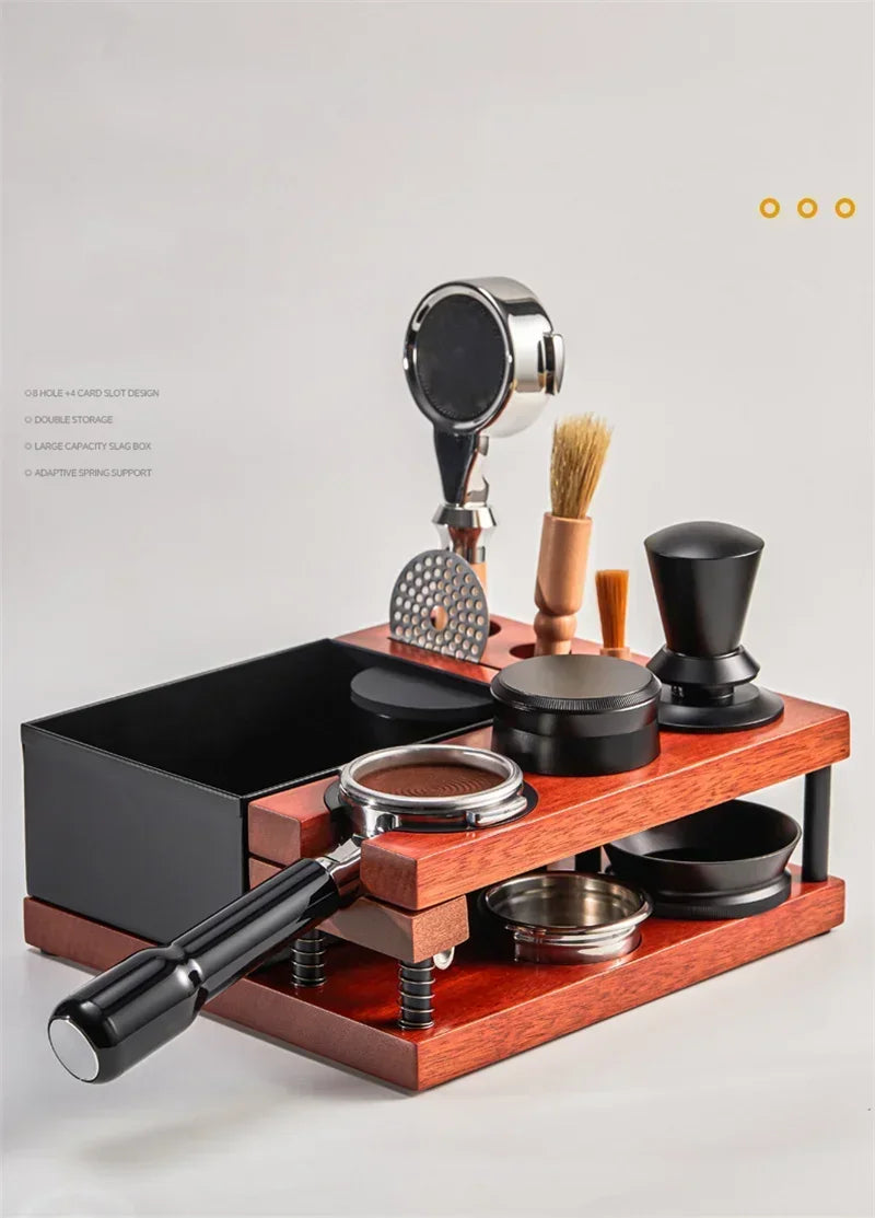 Wooden Coffee Tamper Station Stand with Knock Box Coffee Organizer Box