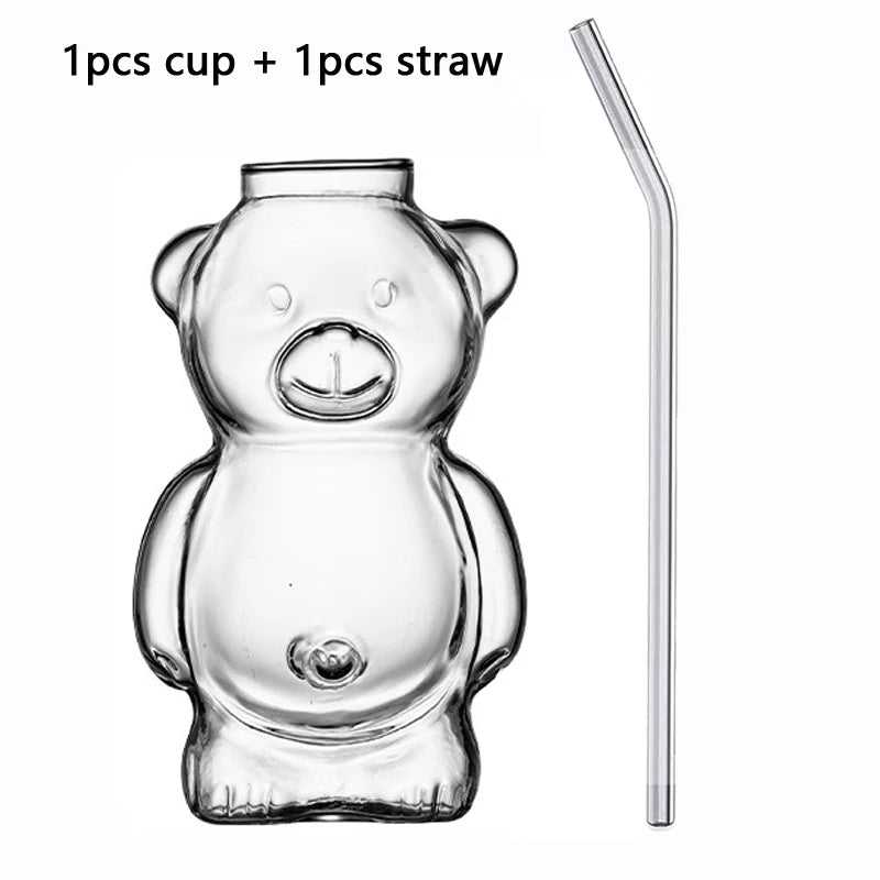 Cartoon Bear Shaped Glass Cup With Straw 300ml Transparent Juice Cocktail
