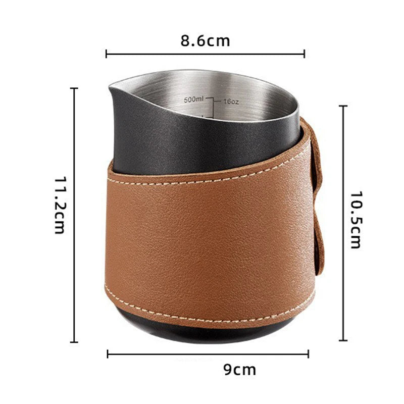 500ml Handleless Leather Covered Latte Jar Espresso Milk Frothing Jug with Sharp