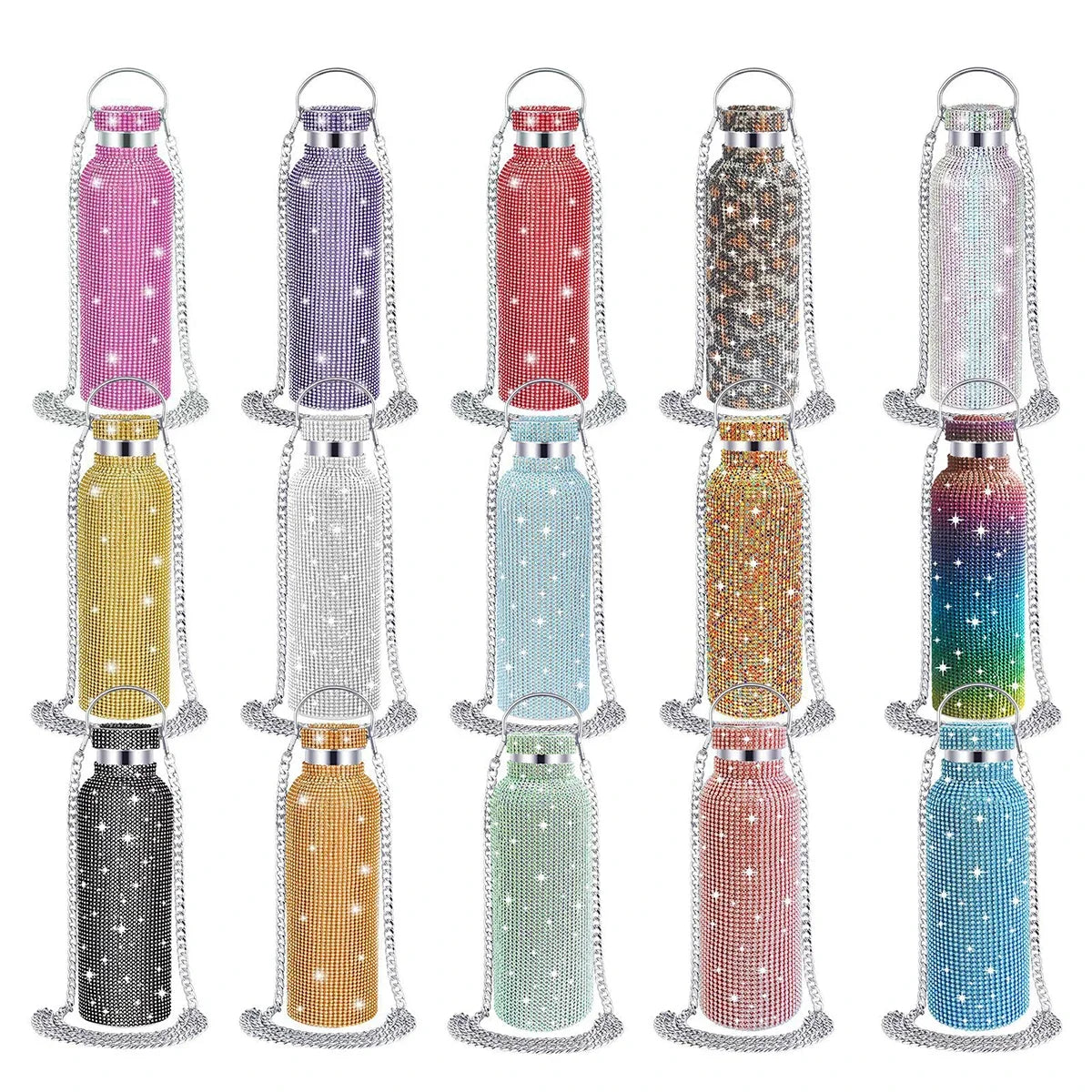 Luxury Rhinestone Thermos Bottle 2pcs Chain Portable Water Bottle Double Wall