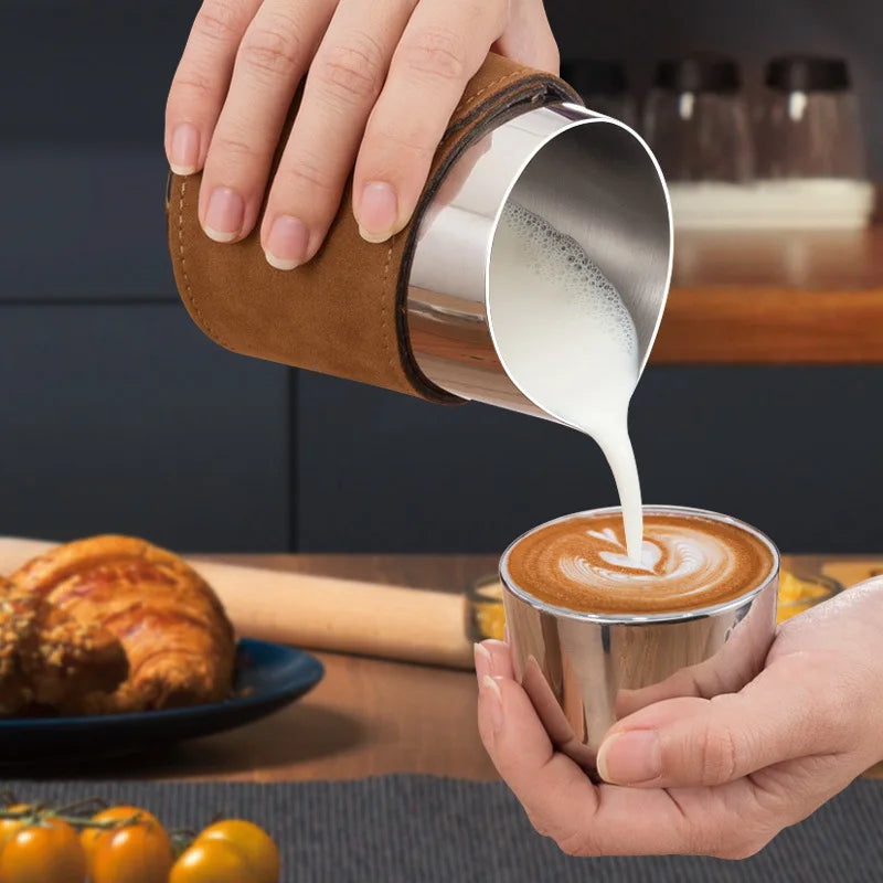500ml Handleless Leather Covered Latte Jar Espresso Milk Frothing Jug with Sharp